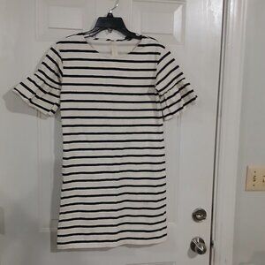 J Crew Ruffled Bell Sleeves Shift Dress Women's Size XS Ivory & Navy Striped